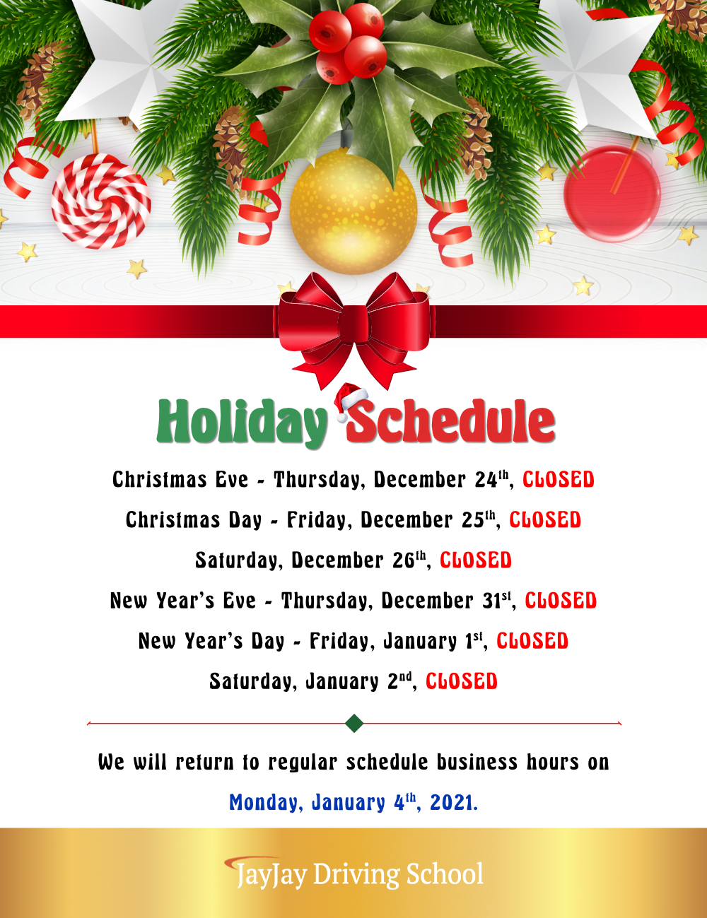 Christmas Holiday Schedule